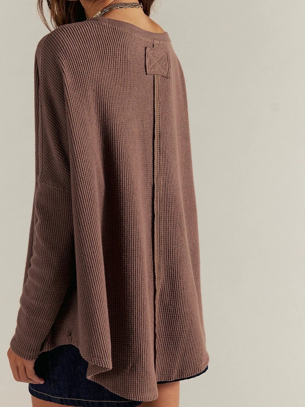Free People Oversized Waffle-Knit Crew Sweater in Dusty Mauve - Picture 2 of 2